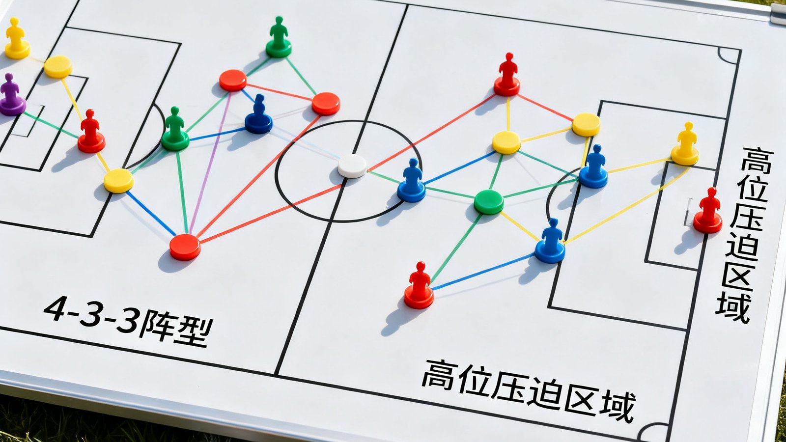 一张专业足球战术板照片，白色板面上用彩色磁吸标记标注了球员站位、跑动路线和传球网络，左侧显示4-3-3阵型，右侧标注了高位压迫区域。